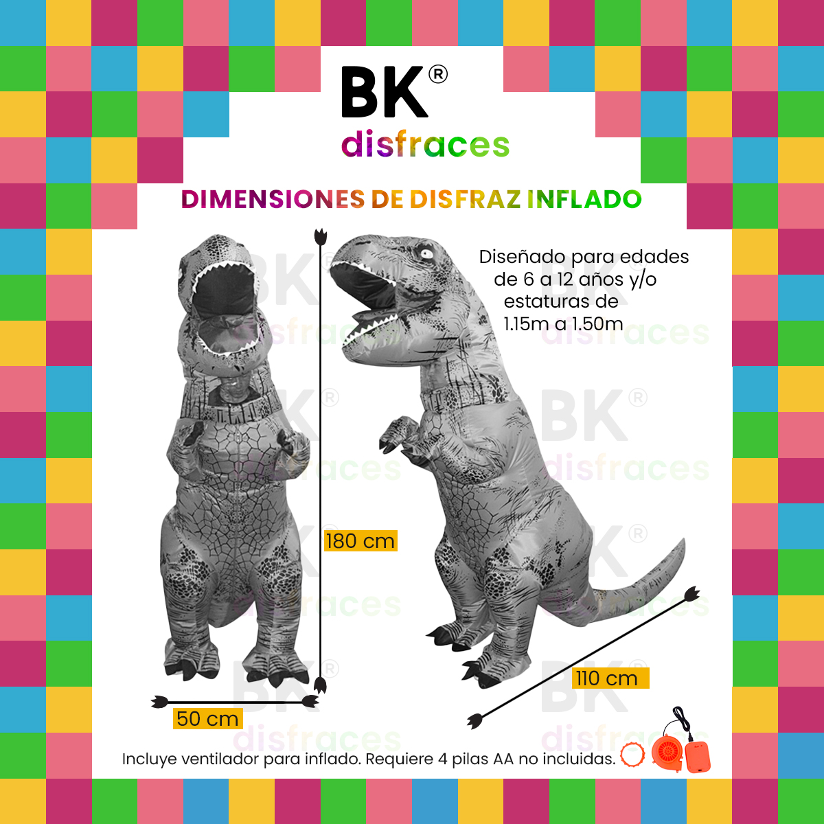 Disfraz inflable de dinosaurio T-rex jurásico premium halloween Toda ocasión Talla unitalla 6 a 12 años - Verde