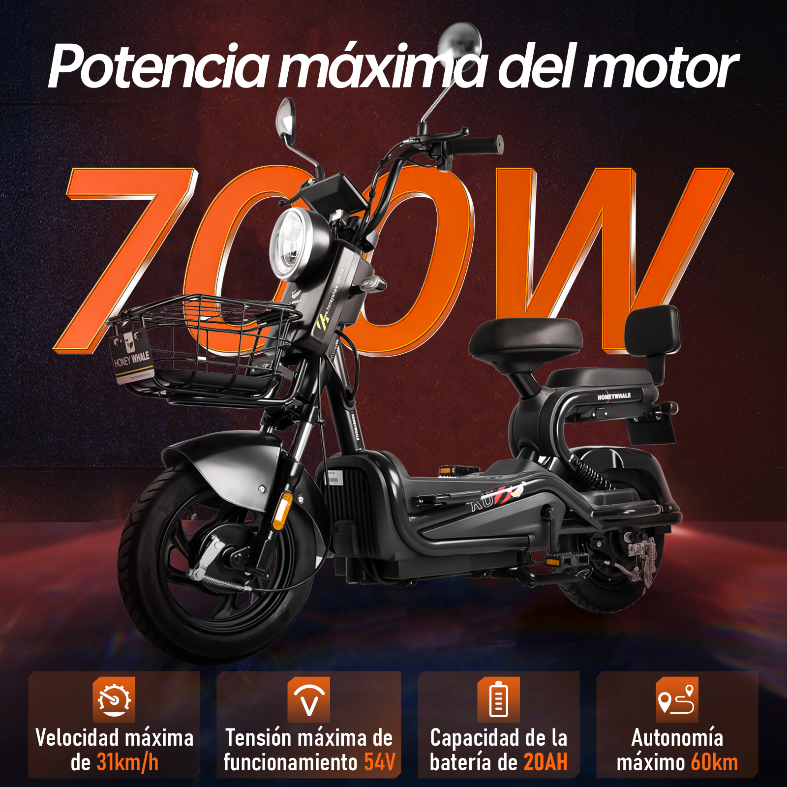 Motobici eléctrica Honey Whale KC Negro.