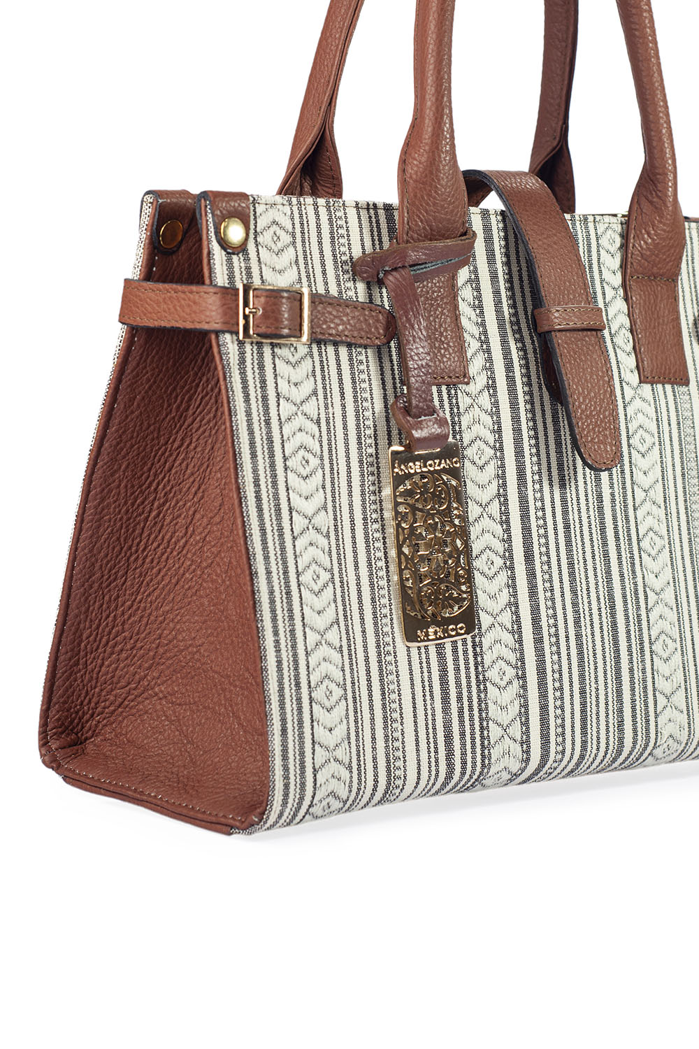Bolso de mujer A ÁNGELOZANO tipo satchel de piel vacuna color camel con telar artesanal, Modelo Samantha