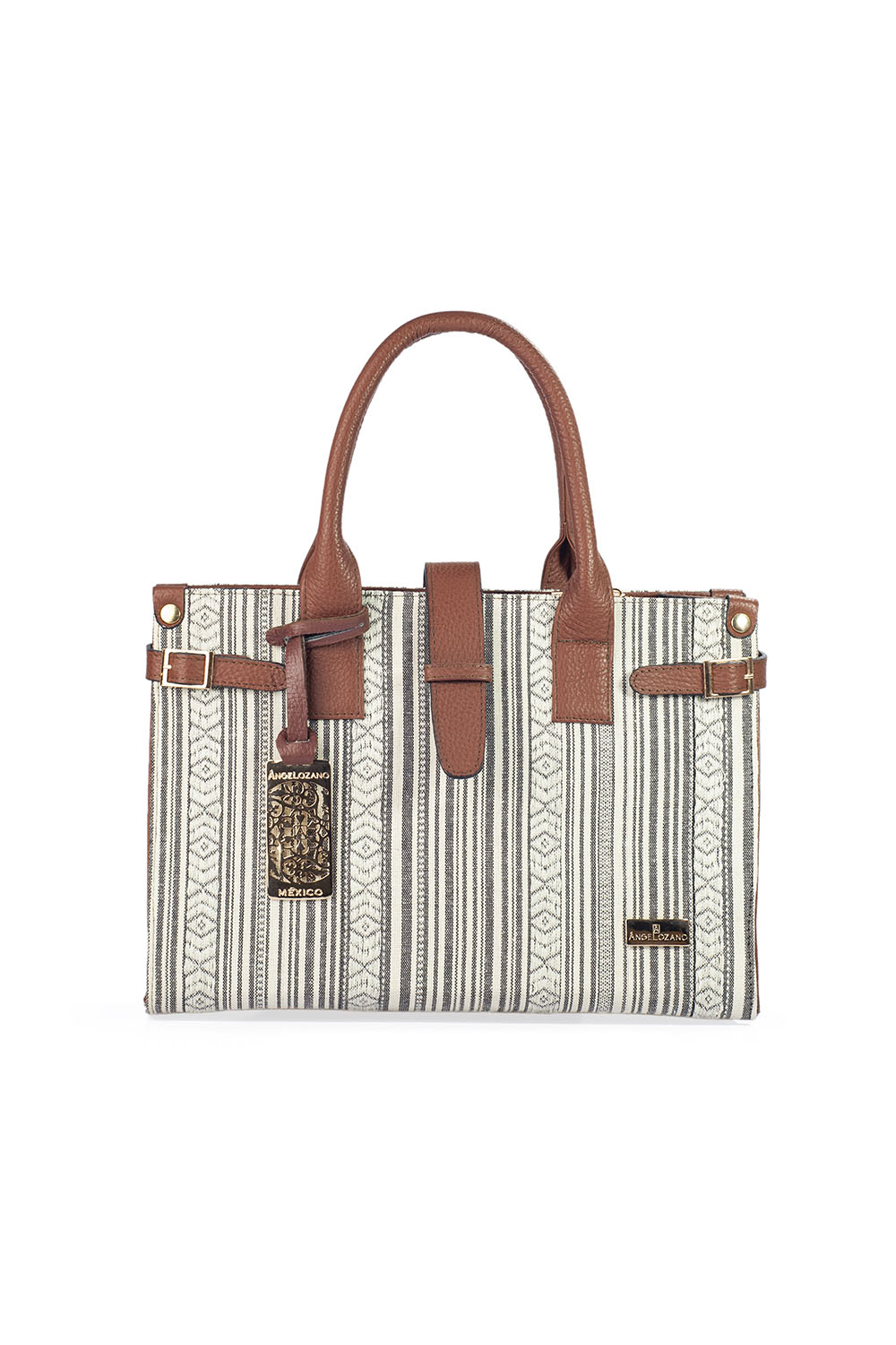 Bolso de mujer A ÁNGELOZANO tipo satchel de piel vacuna color camel con telar artesanal, Modelo Samantha