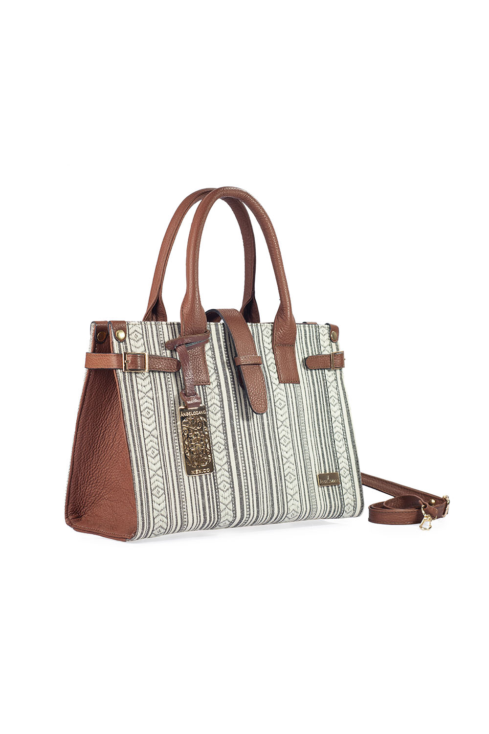 Bolso de mujer A ÁNGELOZANO tipo satchel de piel vacuna color camel con telar artesanal, Modelo Samantha
