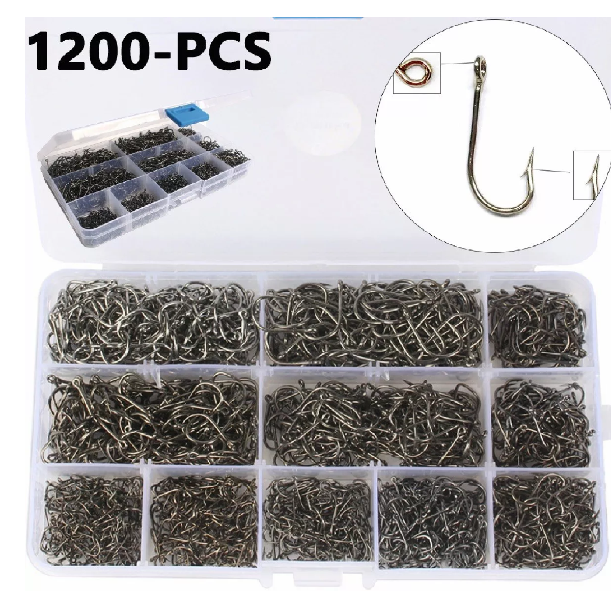 Kit De Anzuelos Pesca 3-20# Con Caja Afilados 1200 pza