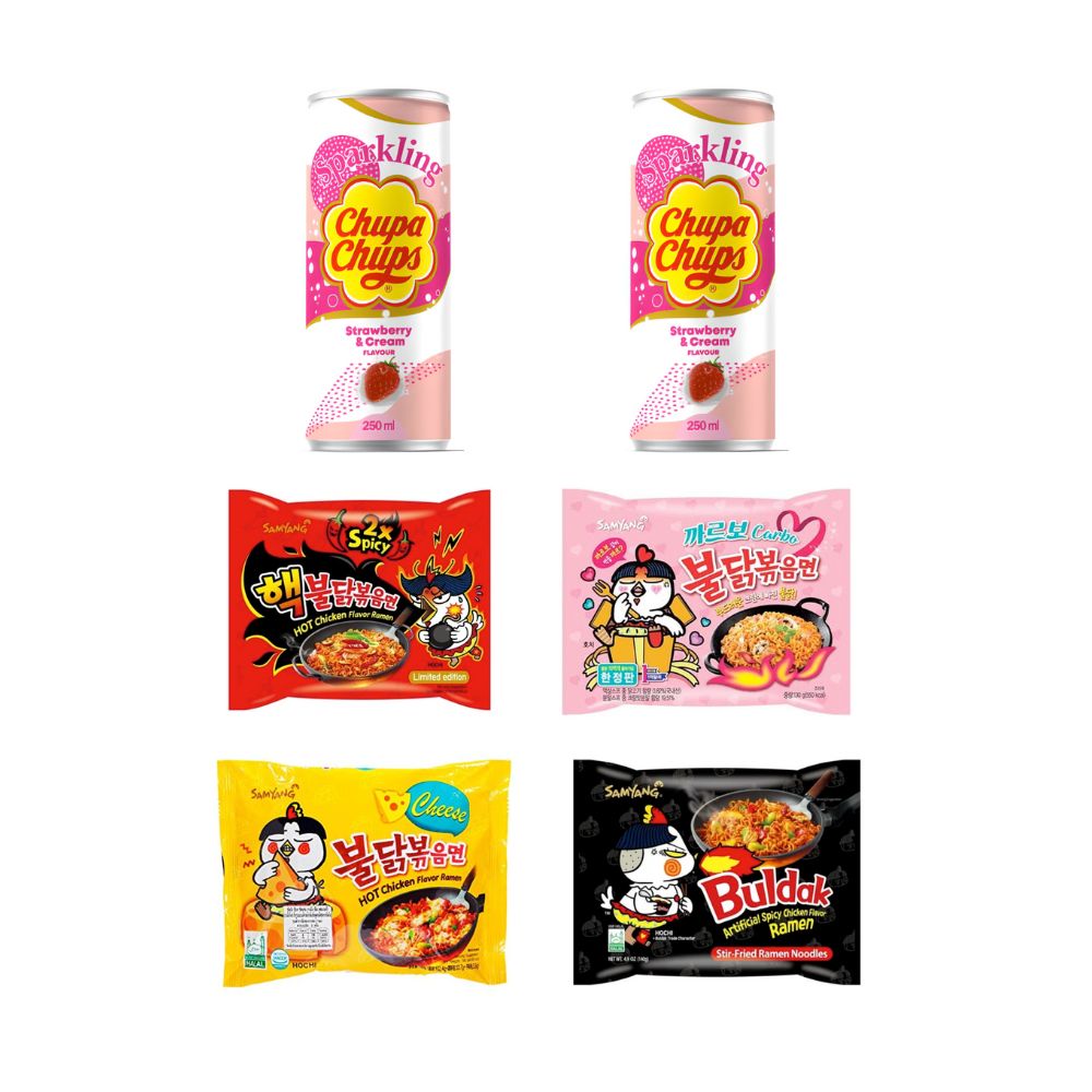 Ramen picante coreano samyang buldak 4 piezas clásico con soda chupa chups