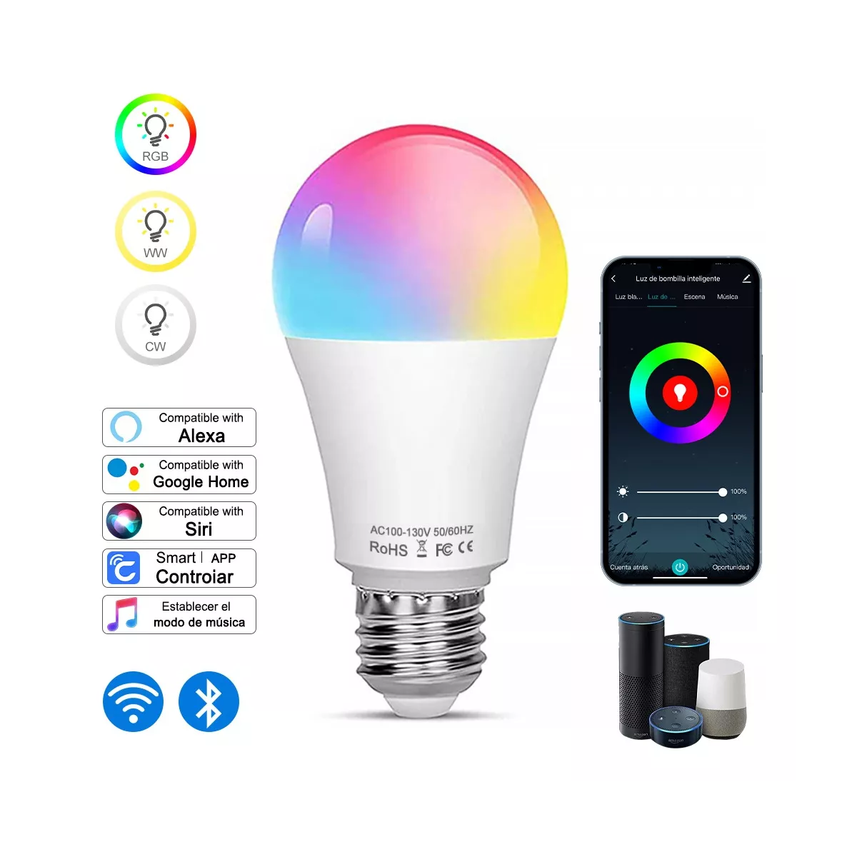 Foco Led Inteligentes Wifi Rgbcw Con Alexa Google Home Siri