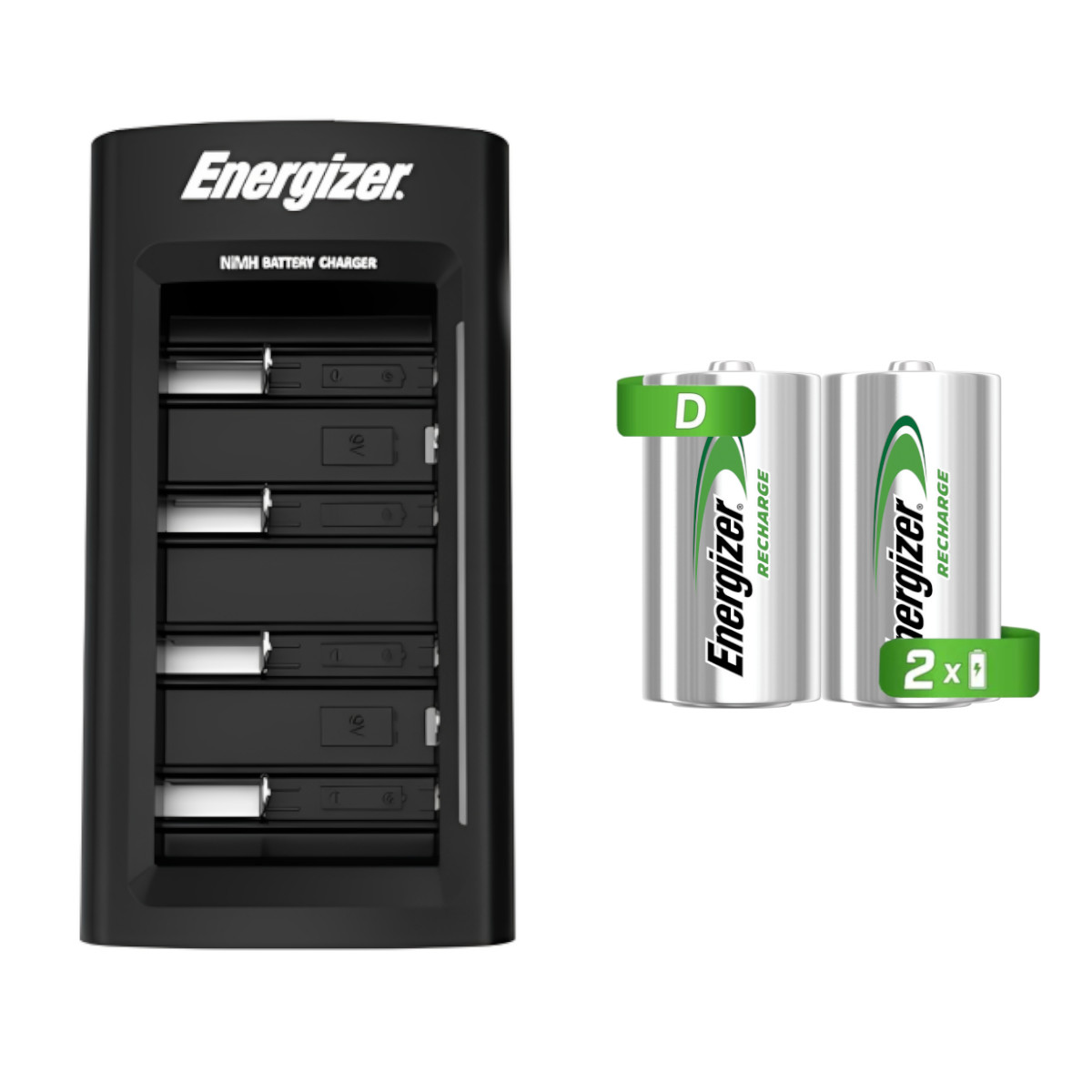 Cargador Universal Energizer + 2 Pilas Recargables Tamaño D.