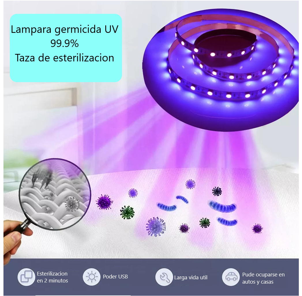 Tira esterilizadora luz ultravioleta desinfectante USB LED UV UVC Mata ácaros elimina olores auto