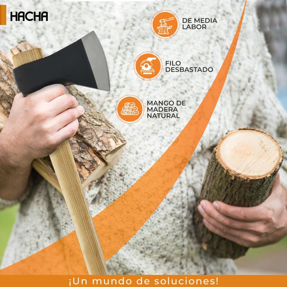 Hacha con Mango Media Labor - Cabeza forjada en acero alto carbono 1045, dureza 55rc - Excelente elección para cualquier trabajo de construcción ligera o de jardinería, 3 Lb/70 cm