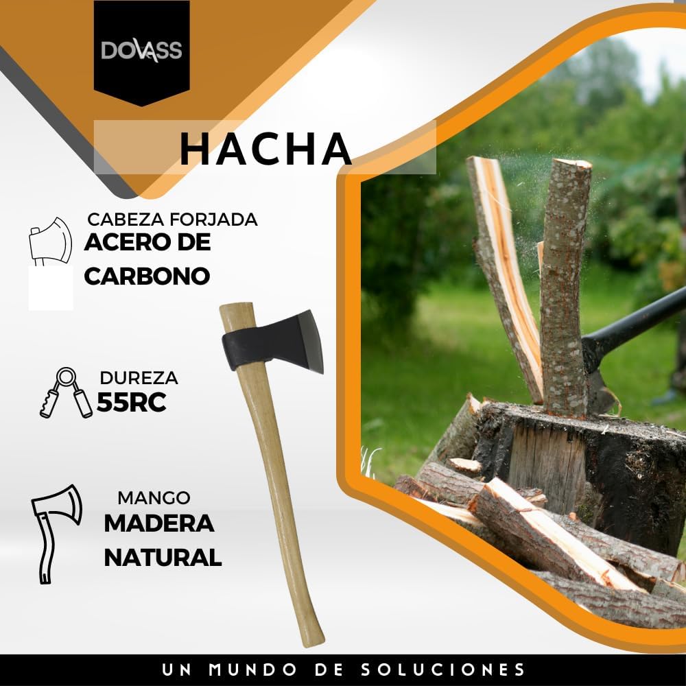 Hacha de acero carbono dureza 55rc con filo debastado y ojo cónico alargado Ideal para tareas de desbaste y corte en madera esta hacha brinda estabilidad y equilibrio, 4 Lb/90 cm