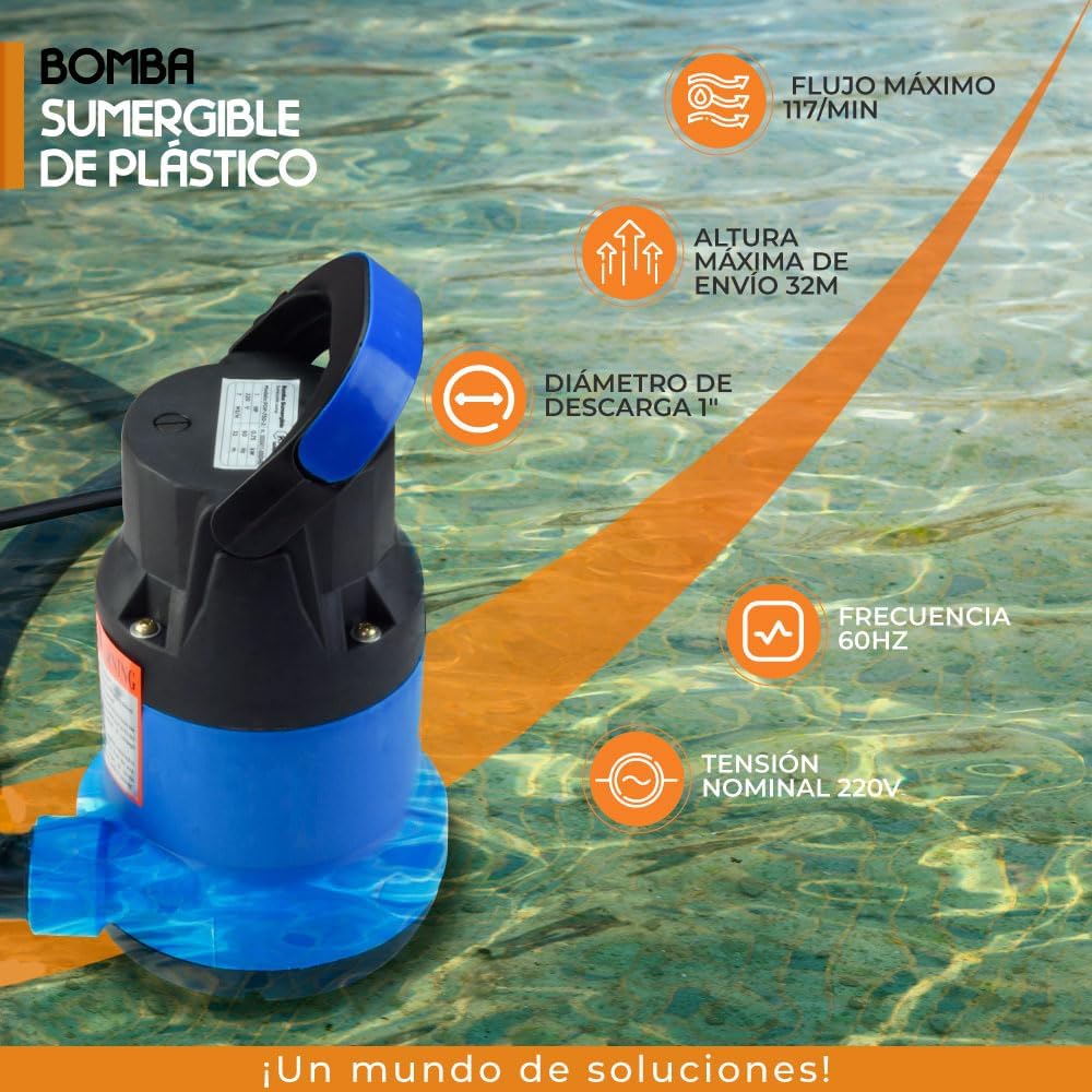 Bomba Sumergible De Plastico Salida 220V - Diámetro De descarga 1 Pulgada - De alta calidad y rendimiento - Fácil de manejar -  Bomba de uso rudo, 1 HP, Altura máx. envío 32 mm