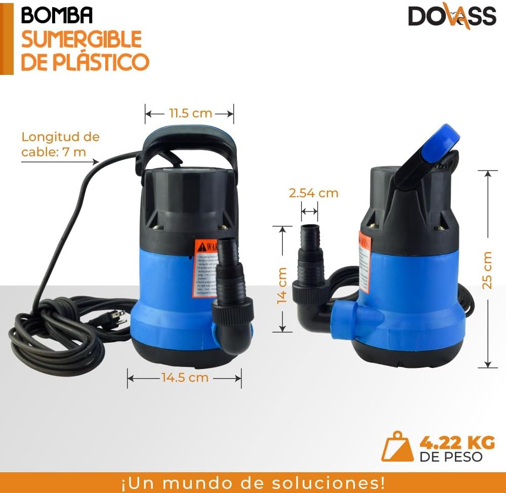 Bomba Sumergible De Plastico Salida 220V - Diámetro De descarga 1 Pulgada - De alta calidad y rendimiento - Fácil de manejar -  Bomba de uso rudo, 1 HP, Altura máx. envío 32 mm