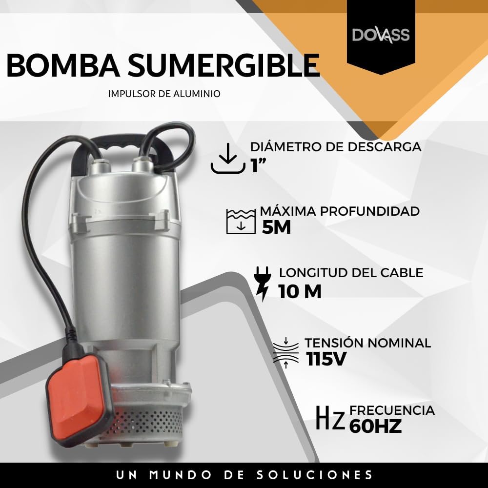 Bomba De Agua Sumergible de Aluminio 115v/60hz Color Gris - Impulsor de aluminio - 5 metros De profundidad Máxima - Diámetro de descarga 1 Pulgada, 1/2 HP, Altura máx. envío 12 mm