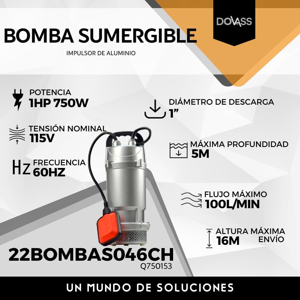 Bomba De Agua Sumergible de Aluminio 115v/60hz Color Gris - Impulsor de aluminio - 5 metros De profundidad Máxima - Diámetro de descarga 1 Pulgada, 3/4 HP, Altura máx. envío 16 mm