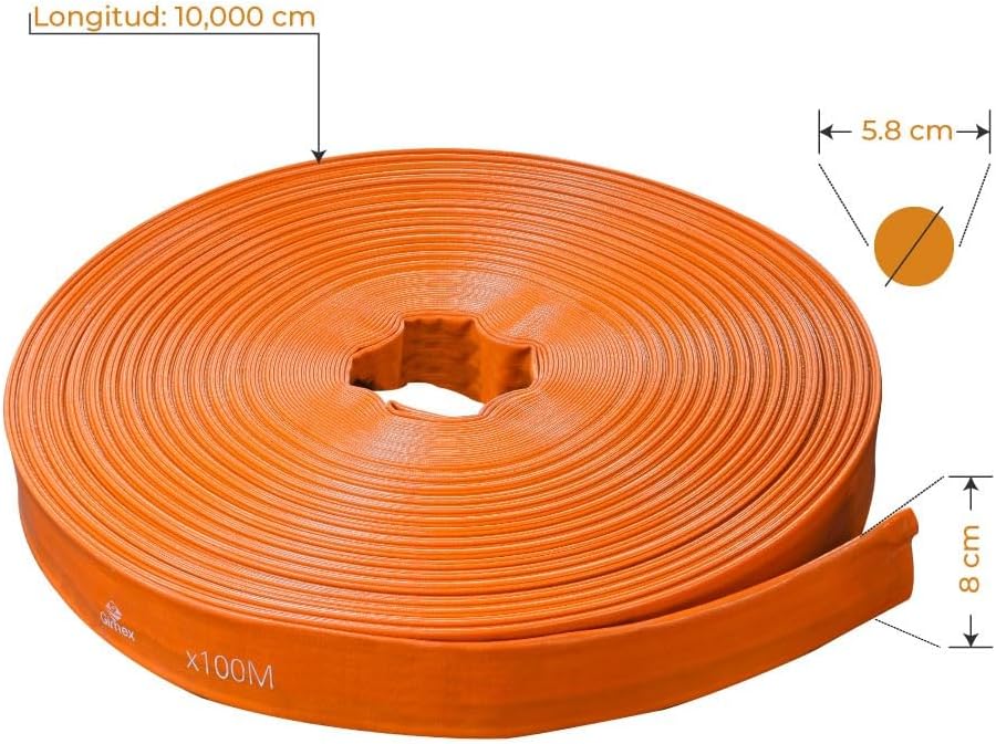 Manguera Plana Están hechas de material de PVC de alta calidad y resistencia Ideal para todo tipo de riego agricola Naranja Diametro 2"  Opera a una presión de trabajo de 90PSI (6 BAR) 100 M