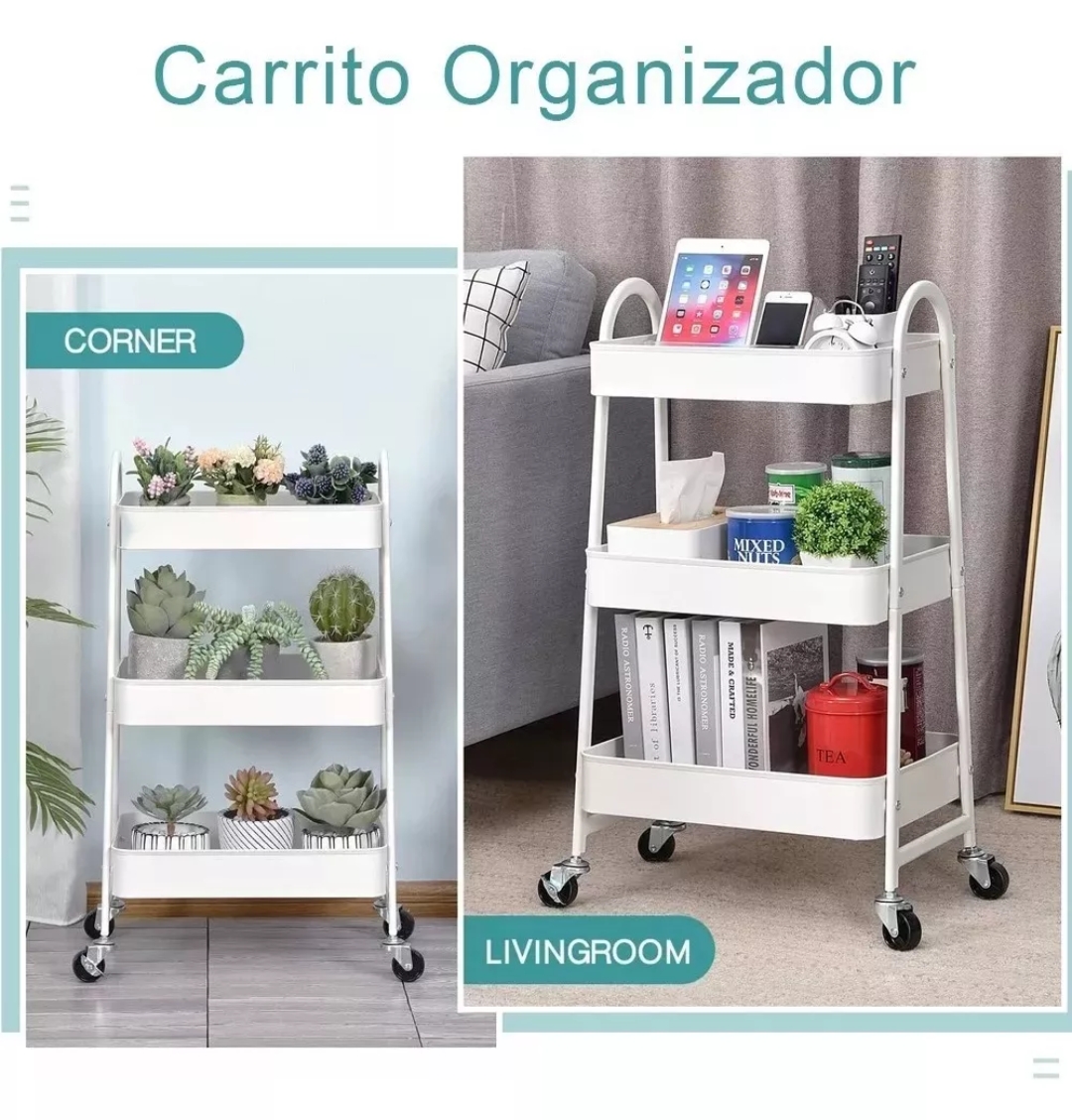 Carrito Organizador Multiusos 3 Niveles Con Ruedas Blanco.