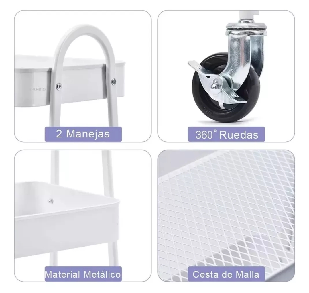 Carrito Organizador Multiusos 3 Niveles Con Ruedas Blanco.