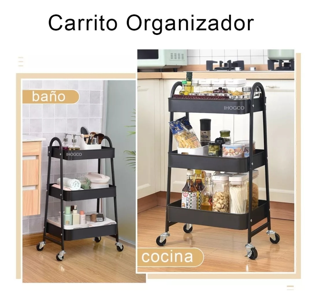 Carrito Organizador Multiusos 3 Niveles Con Ruedas Negro