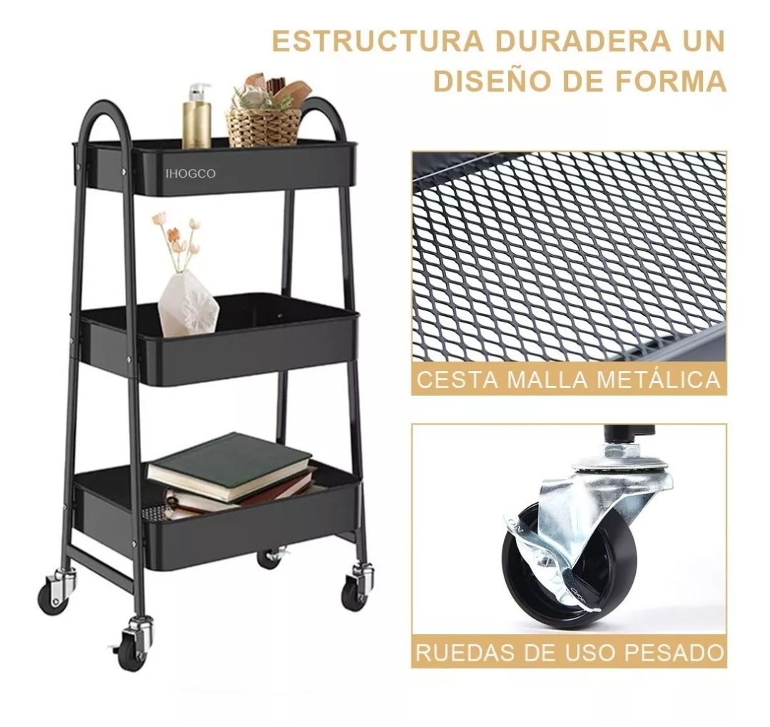 Carrito Organizador Multiusos 3 Niveles Con Ruedas Negro