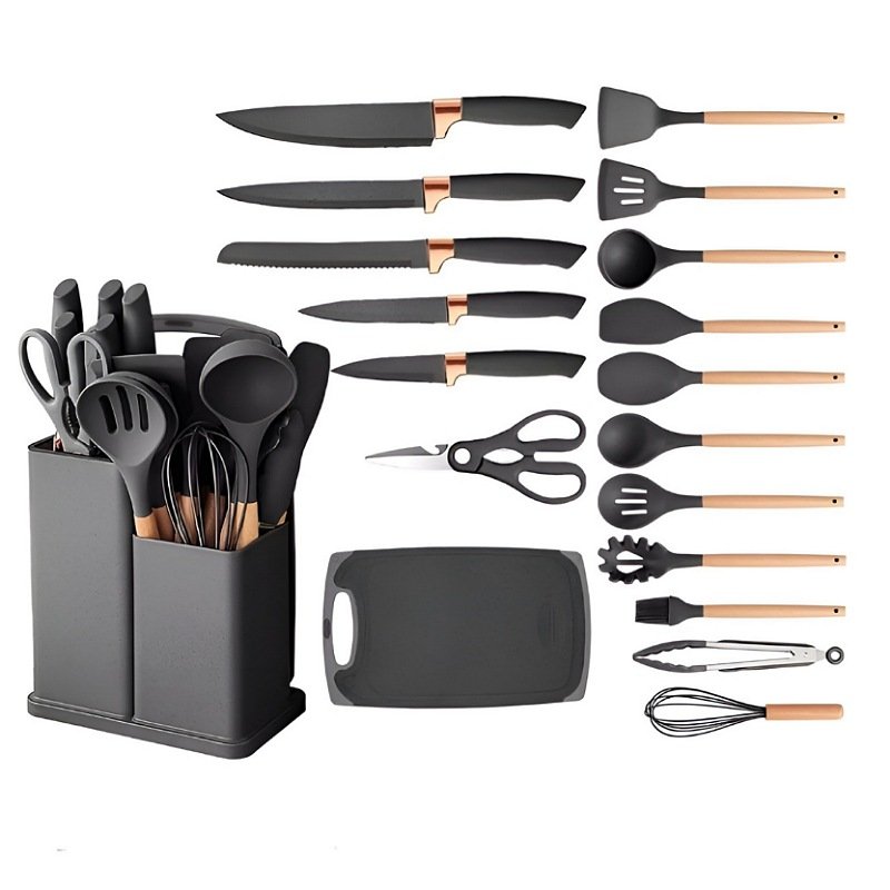 Set de utensilios de cocina en silicona , mas set de cuchillos, base  cuadrada..
