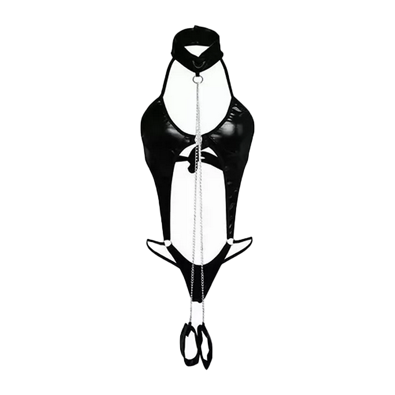 Lencería Tipo Cuero Body Con Esposas Tanga Coordinado
