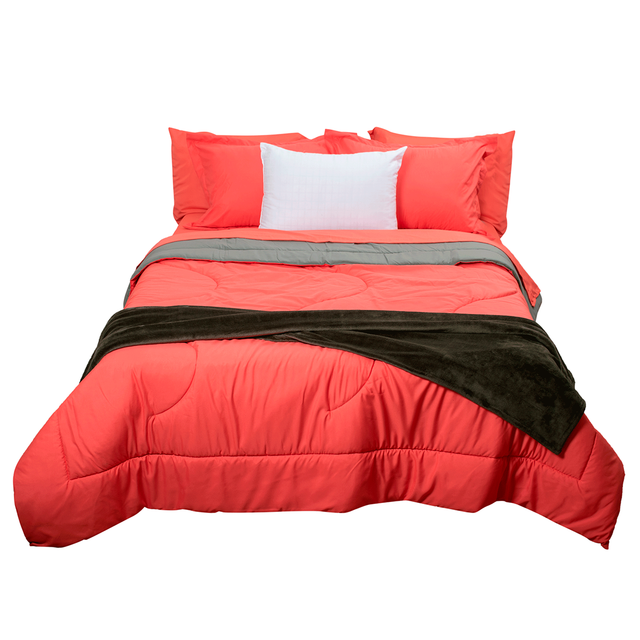 Edredón Matrimonial Spring Air + Almohada + Sabana + Frazada | coral/gris