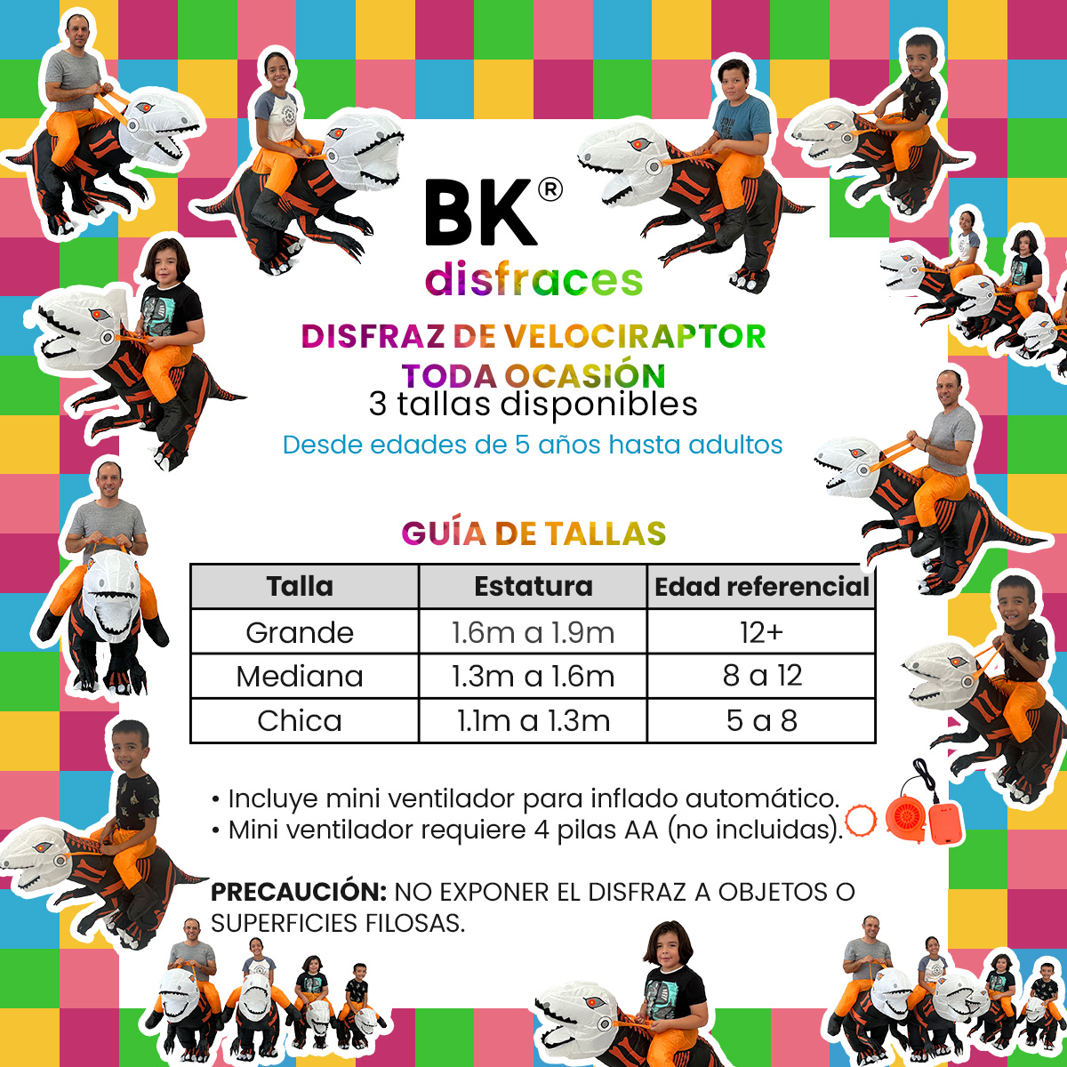 Disfraz inflable de dinosaurio Velociraptor premium halloween 3 tallas disponibles.