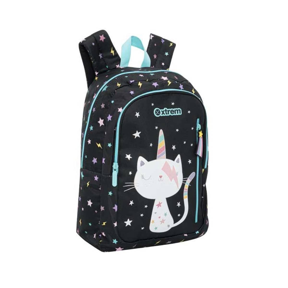 Mochila escolar negra para niña, marca Xtrem, con gatito/unicornio, mod. 1103112