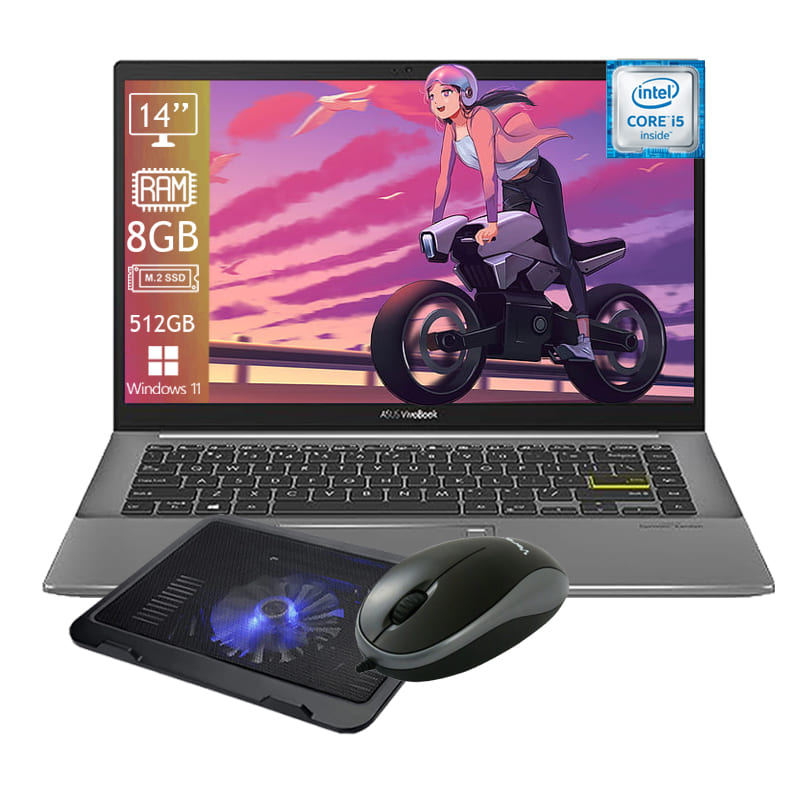 Laptop Asus S14 S433 Intel Core I5 Disco SSD 512GB Ram 8GB 14'' Windows 11 - Gris Oscuro + Base Enfriadora + Mouse