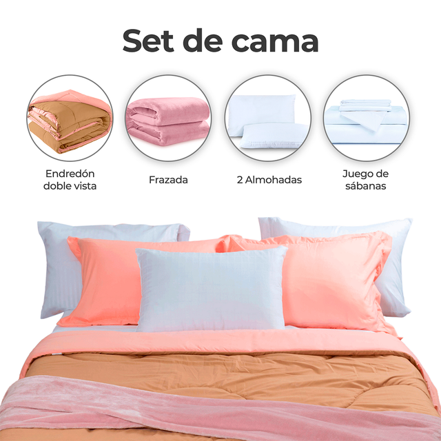 Edredón queen size Spring Air + Almohada + Sabana + Frazada  salmon/khaki