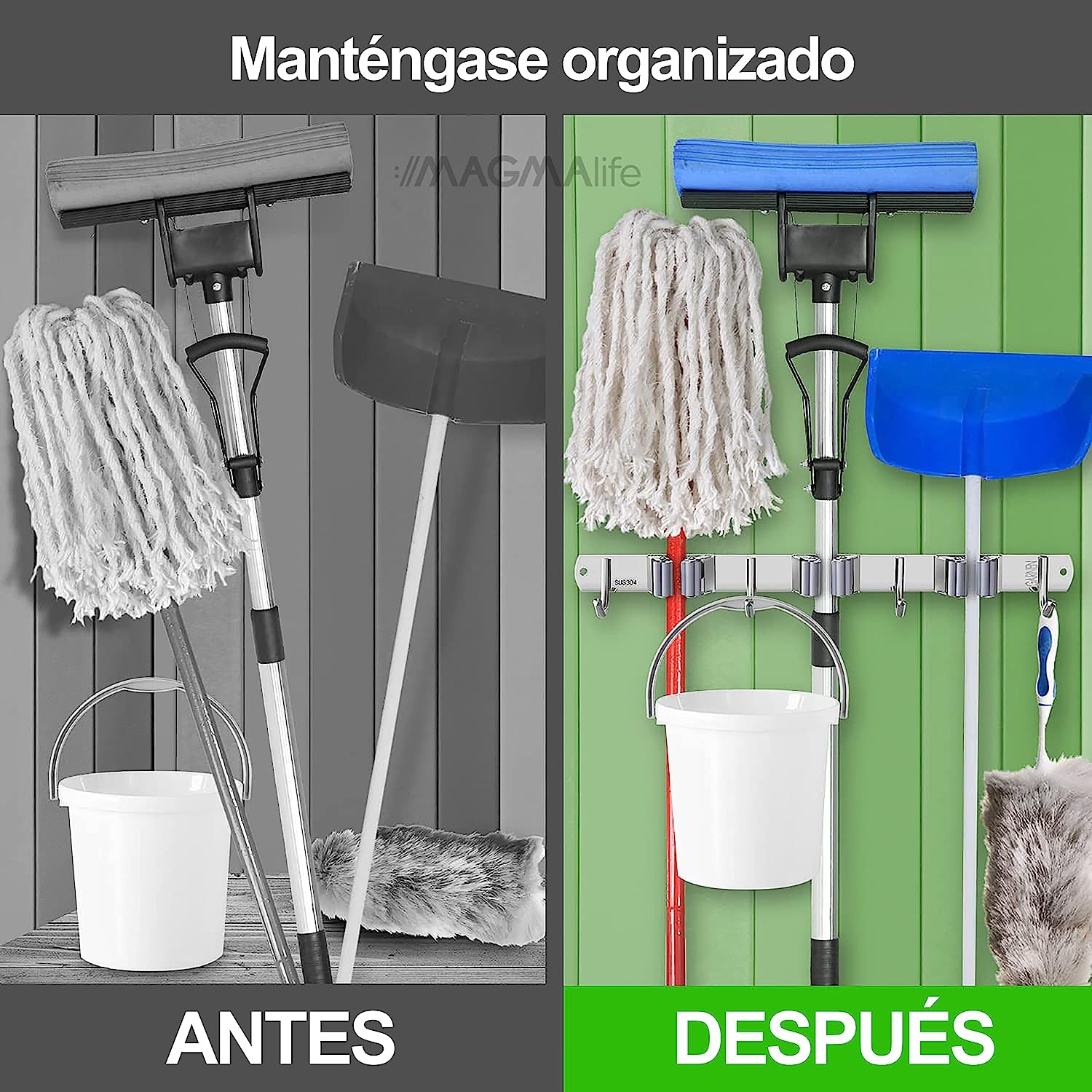 Organizador de Escobas, Porta Escobas y Trapeadores para Pared, 3 Sujetadores de Escobas y 4 Ganchos para Trapos, Guantes y Cepillos, Acero Inoxidable