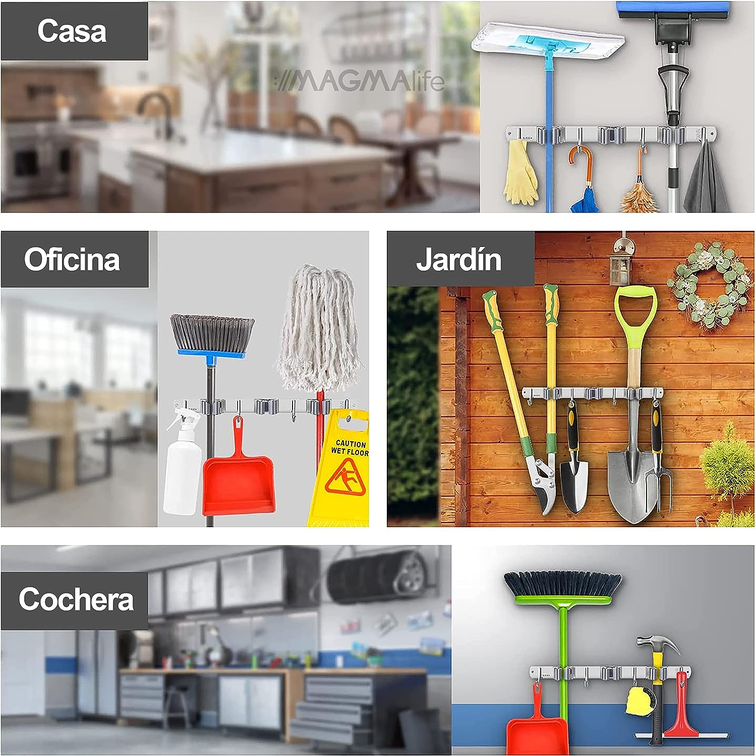 Organizador de Escobas, Porta Escobas y Trapeadores para Pared, 3 Sujetadores de Escobas y 4 Ganchos para Trapos, Guantes y Cepillos, Acero Inoxidable