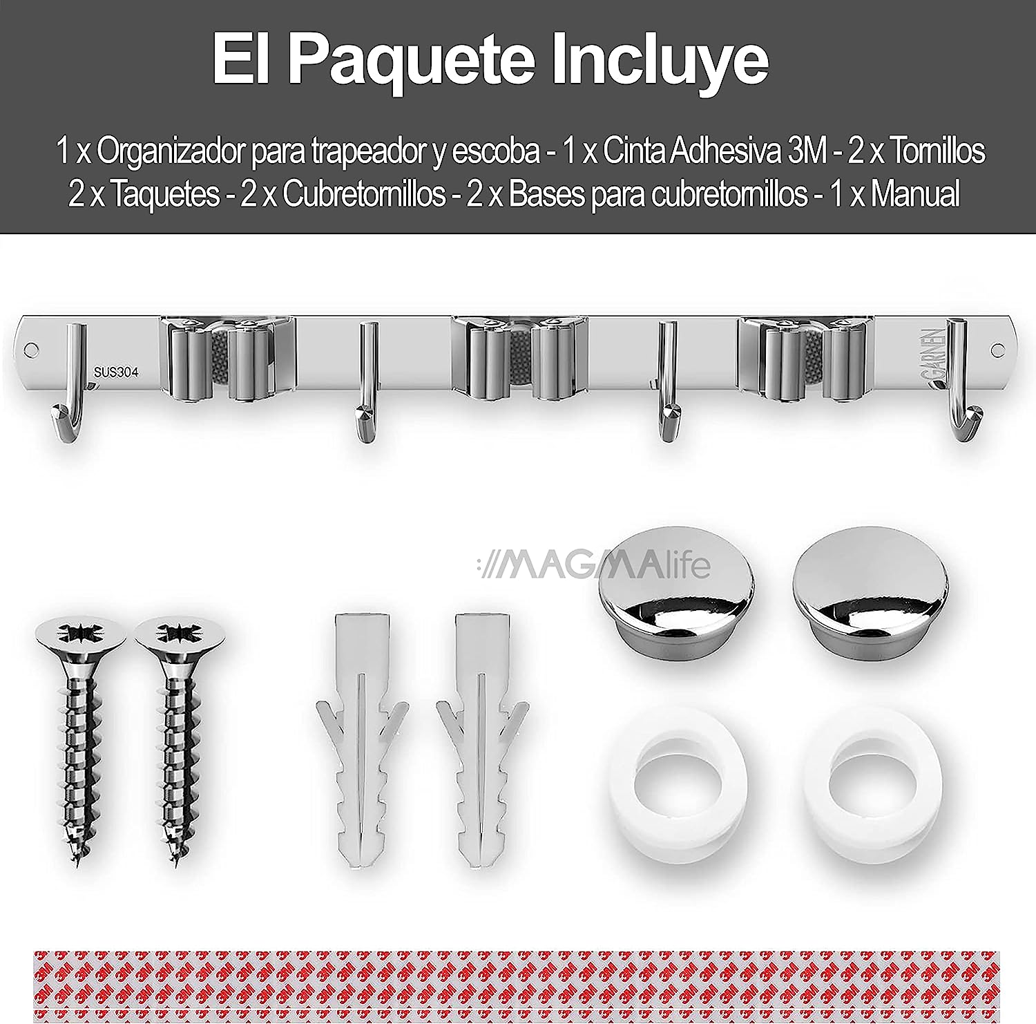 Organizador de Escobas, Porta Escobas y Trapeadores para Pared, 3 Sujetadores de Escobas y 4 Ganchos para Trapos, Guantes y Cepillos, Acero Inoxidable