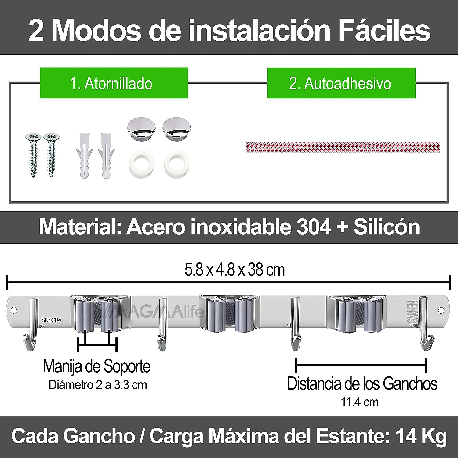 Organizador de Escobas, Porta Escobas y Trapeadores para Pared, 3 Sujetadores de Escobas y 4 Ganchos para Trapos, Guantes y Cepillos, Acero Inoxidable