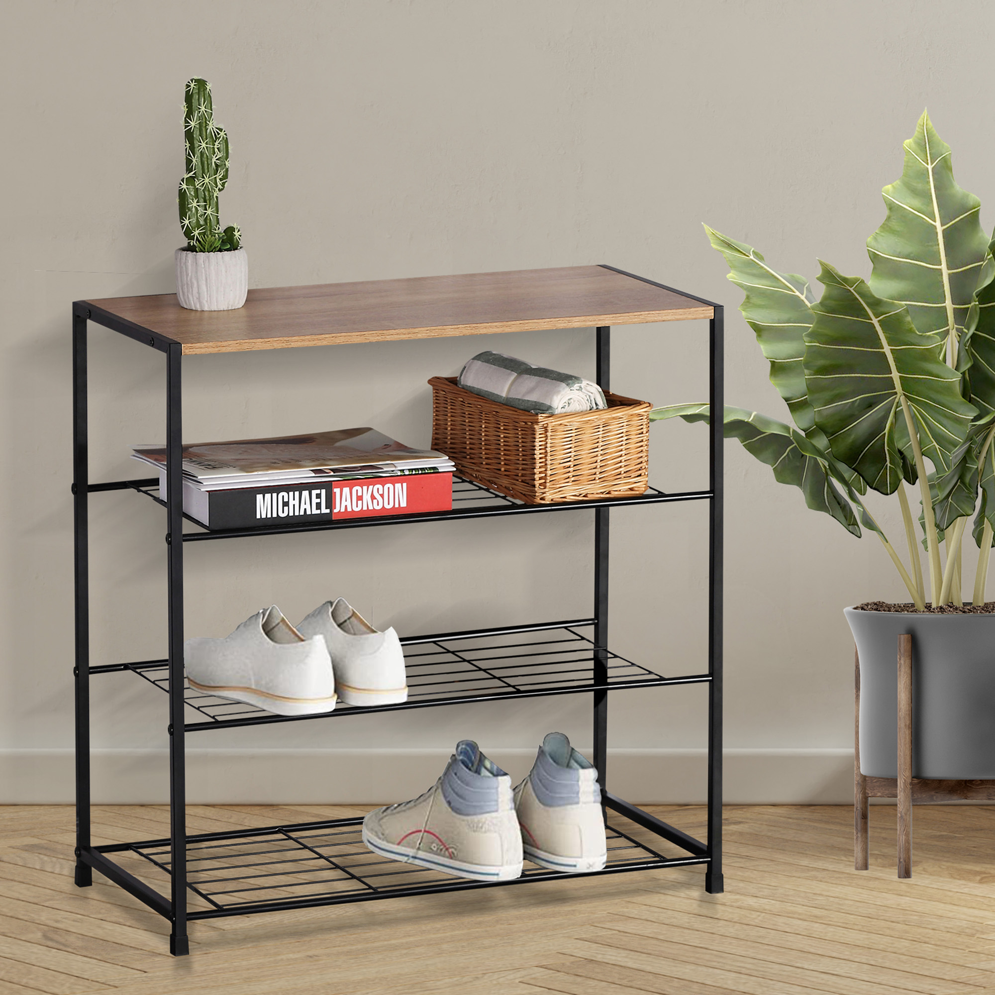 Moderna Zapatera Minimalista de Madera y Metal, Zapatera Compacta con 3 Niveles Metálicos y 1 Repisa con Acabado tipo Madera, Metal de Alta Resistencia, Fácil de Armar