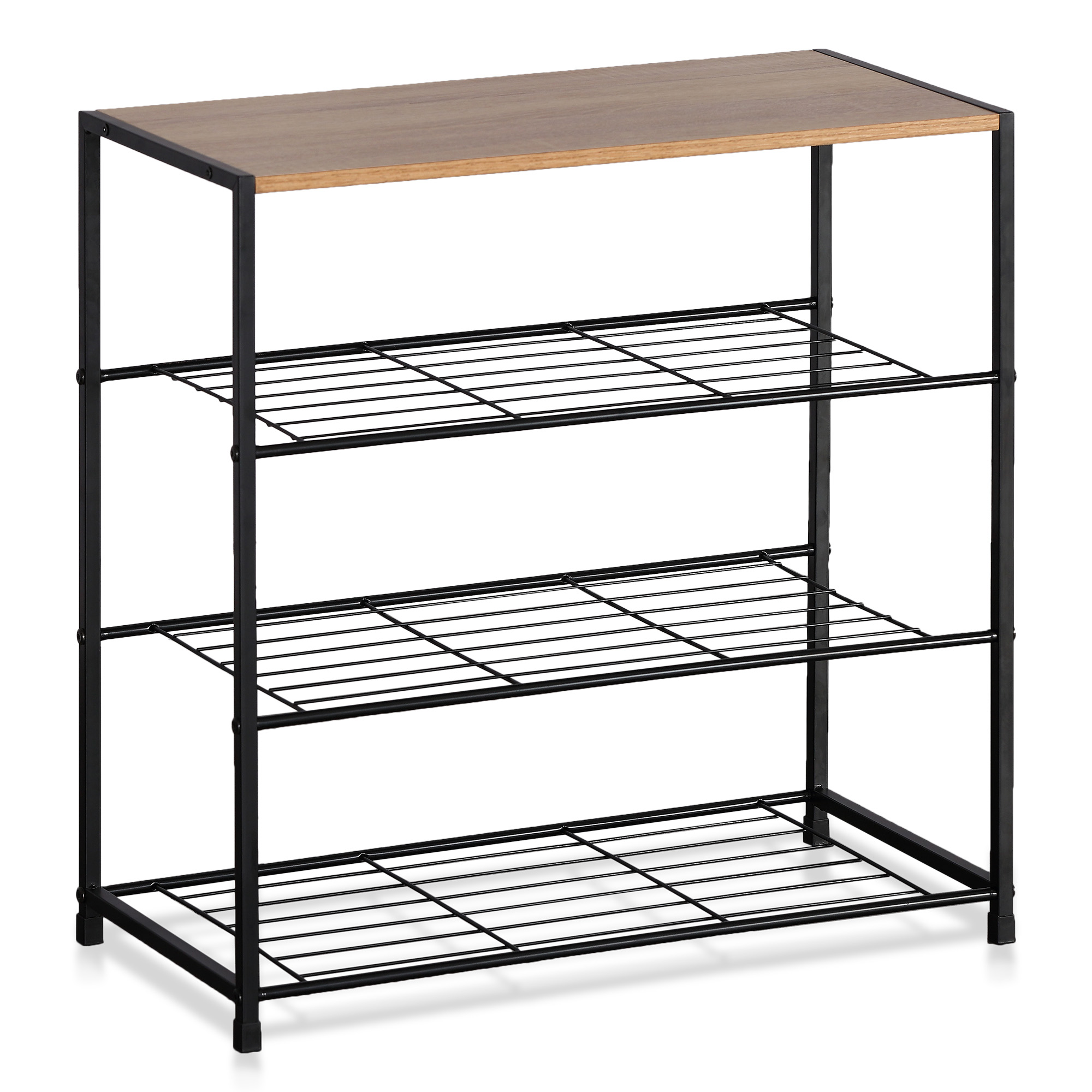 Moderna Zapatera Minimalista de Madera y Metal, Zapatera Compacta con 3 Niveles Metálicos y 1 Repisa con Acabado tipo Madera, Metal de Alta Resistencia, Fácil de Armar
