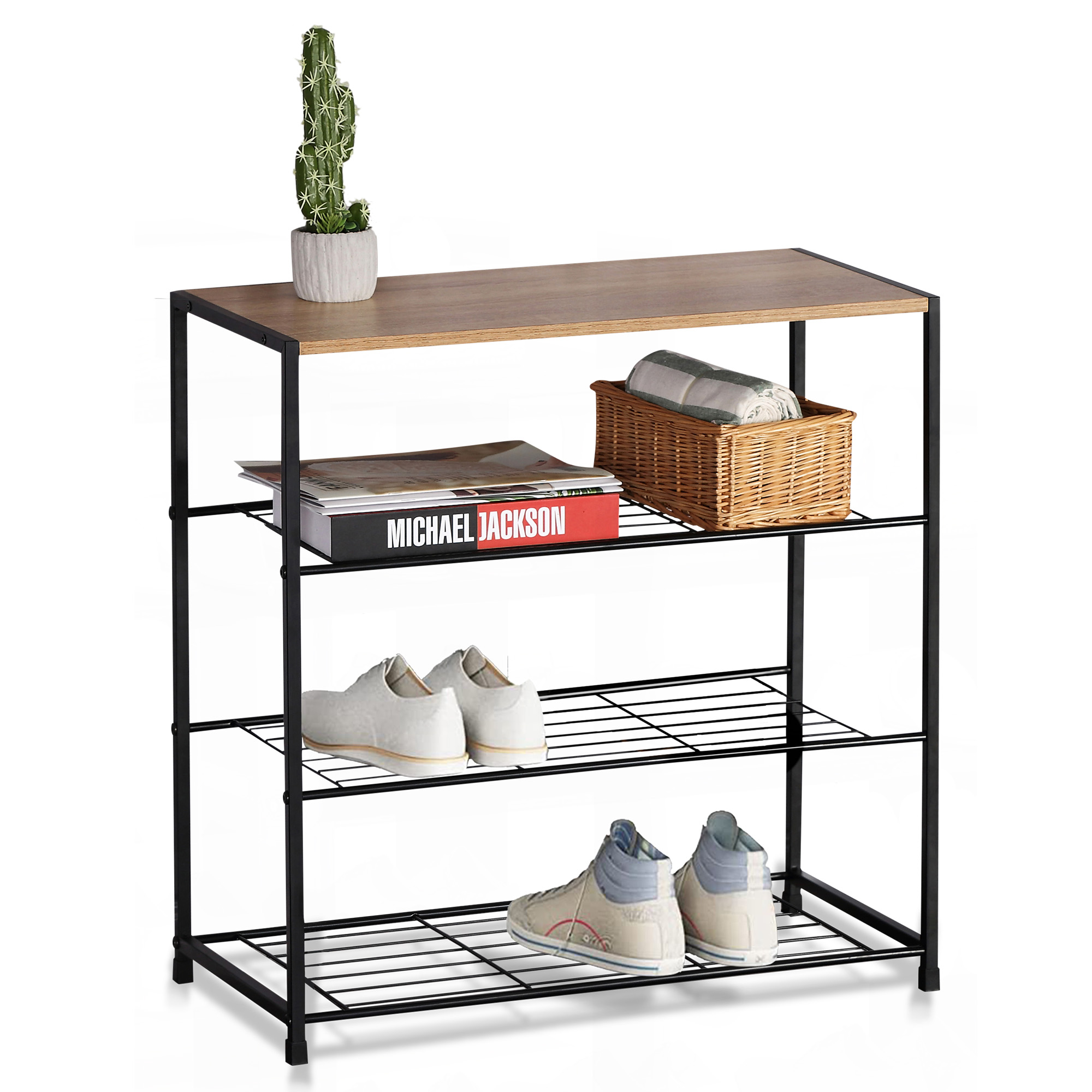 Moderna Zapatera Minimalista de Madera y Metal, Zapatera Compacta con 3 Niveles Metálicos y 1 Repisa con Acabado tipo Madera, Metal de Alta Resistencia, Fácil de Armar