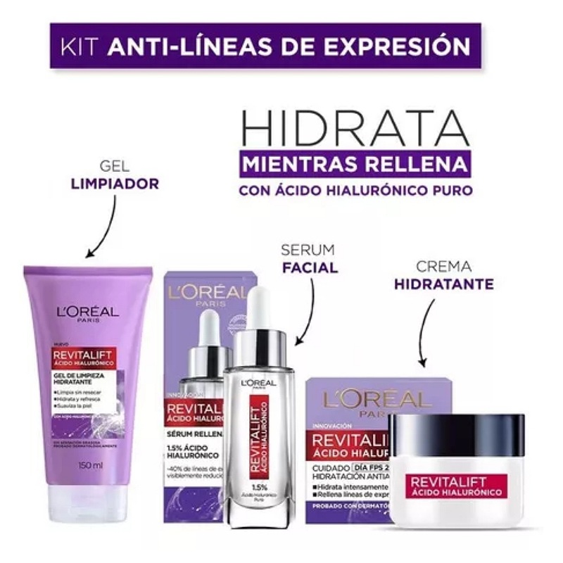 Kit L'oréal Paris Ácido Hialurónico Gel + Crema Día + Sérum