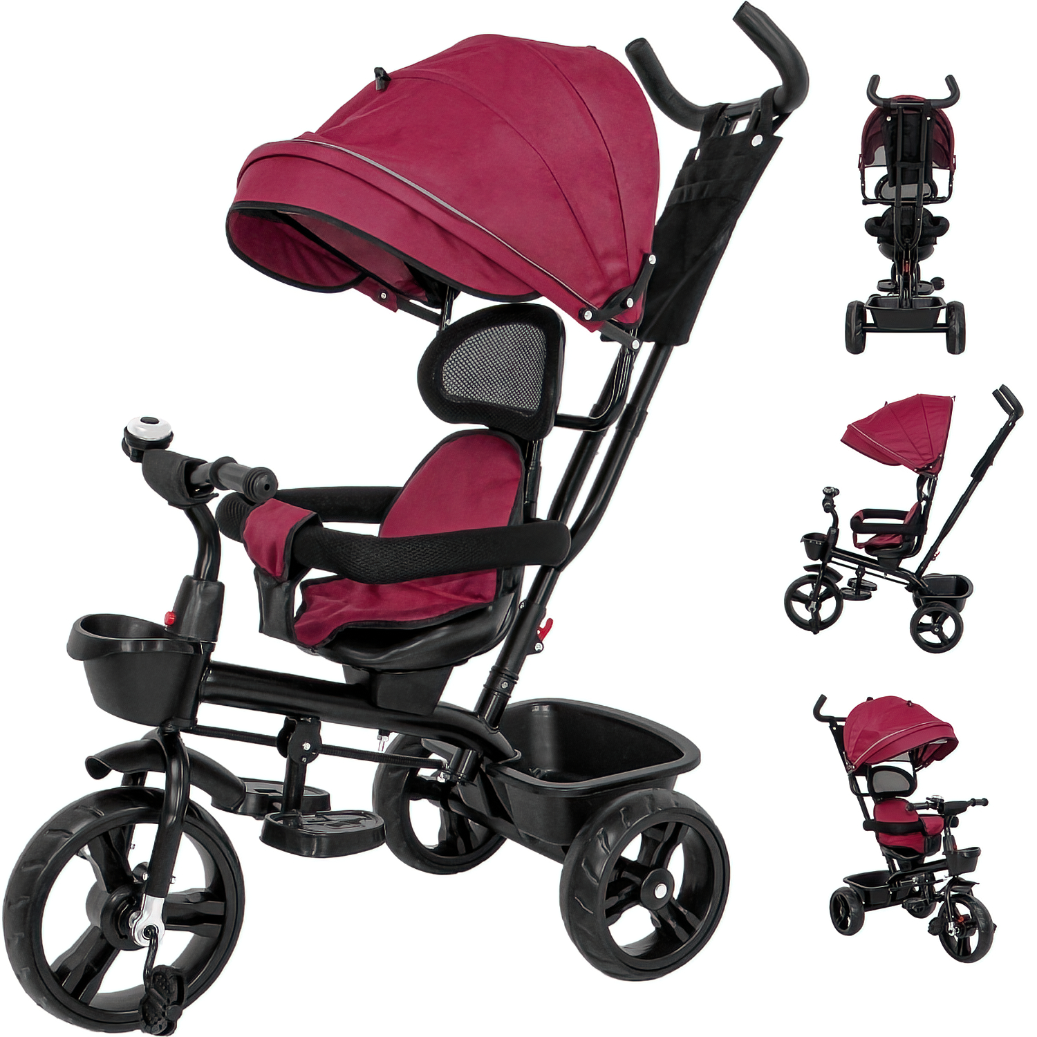 Triciclo Bicicleta Carriola Paseo Bebes 2-6 Años Asiento 360 grados Color Vino