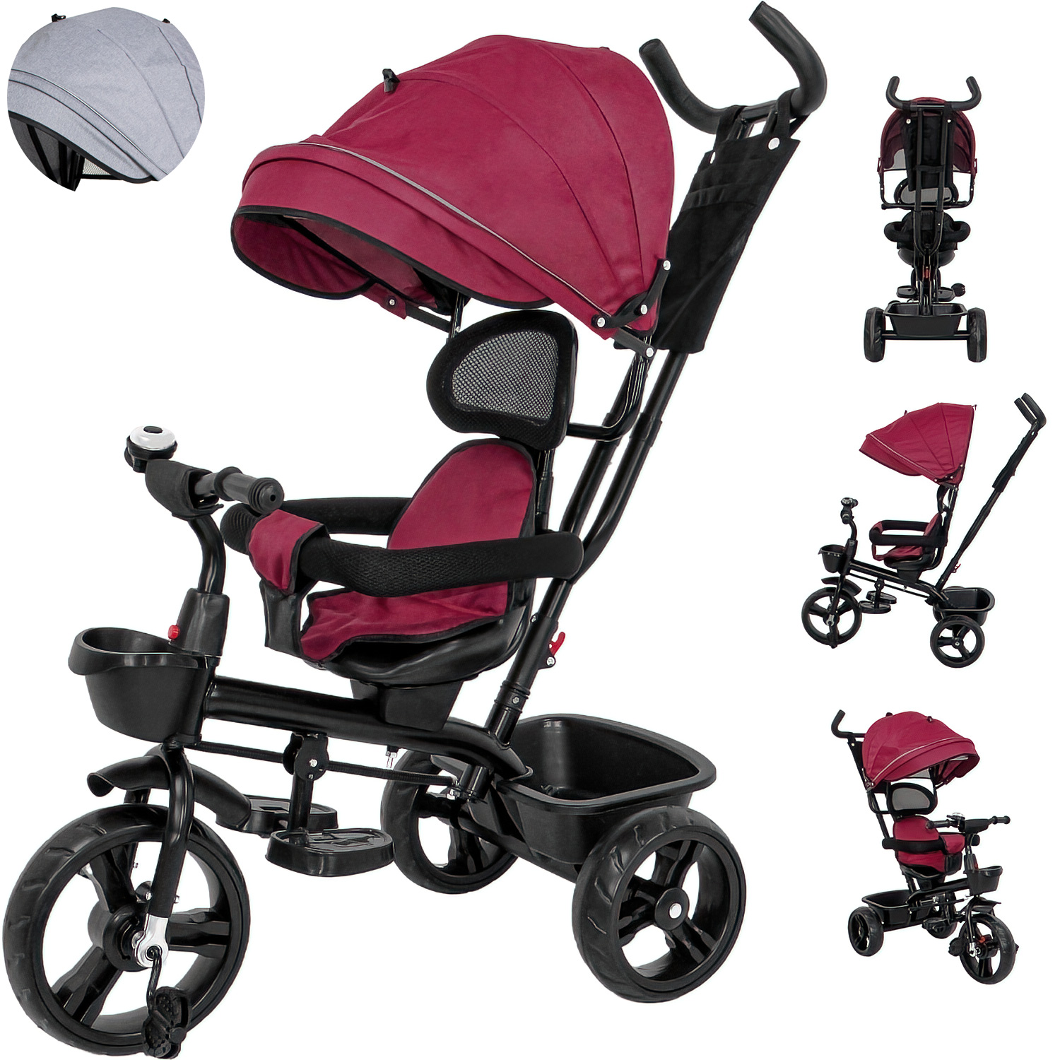 Triciclo Bicicleta Carriola Paseo Bebes 2-6 Años Asiento 360 grados Color Vino