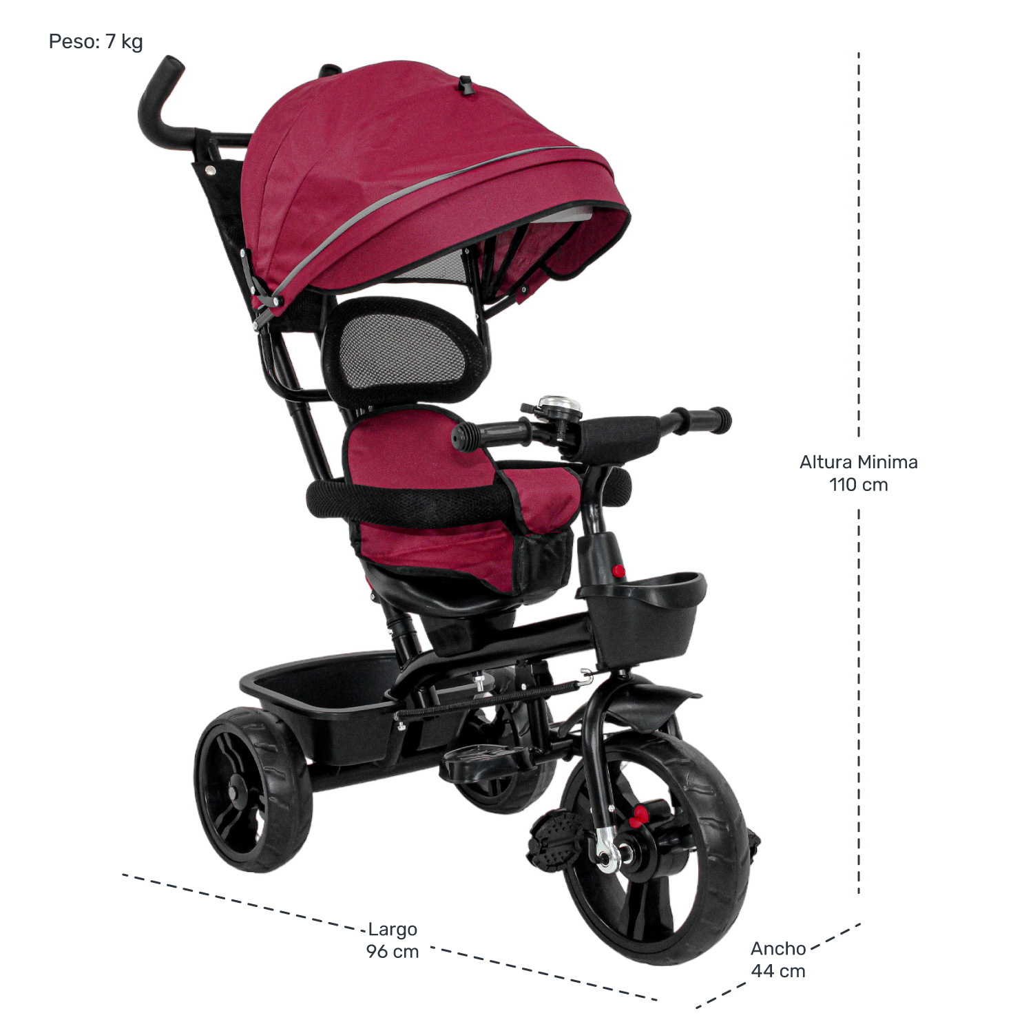 Triciclo Bicicleta Carriola Paseo Bebes 2-6 Años Asiento 360 grados Color Vino