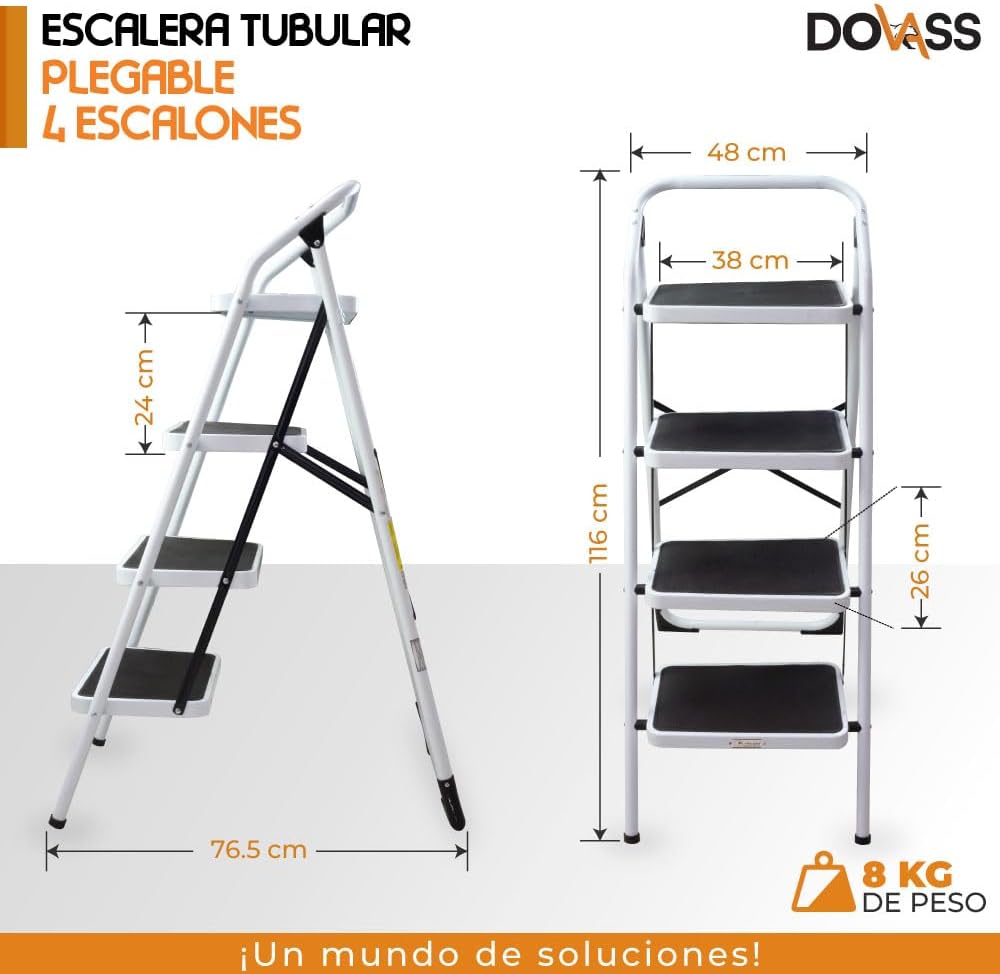 Escalera Tubular Plegable de Acero Certificado EN 131 Patas antiderrapantes Ideal para uso doméstico o usarse en trabajos profesionales 4 Escalones