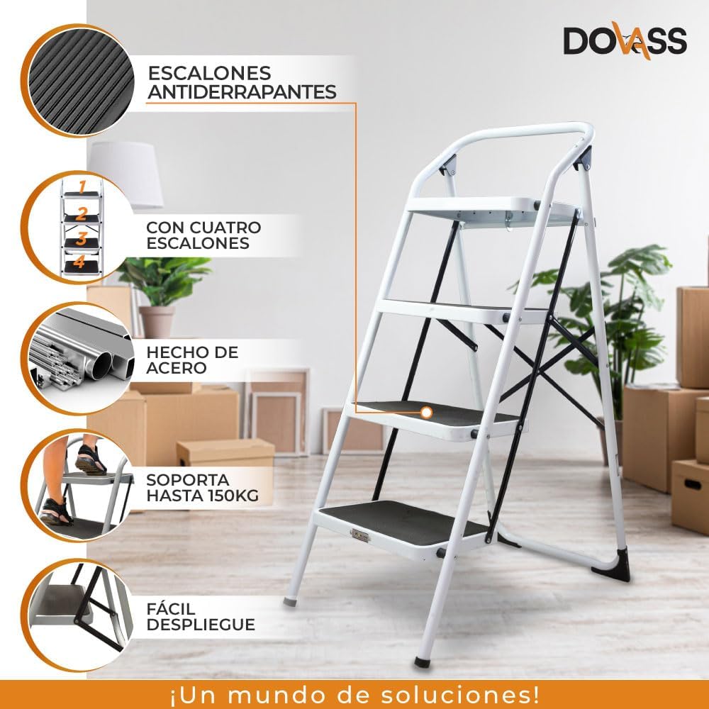Escalera Tubular Plegable de Acero Certificado EN 131 Patas antiderrapantes Ideal para uso doméstico o usarse en trabajos profesionales 4 Escalones