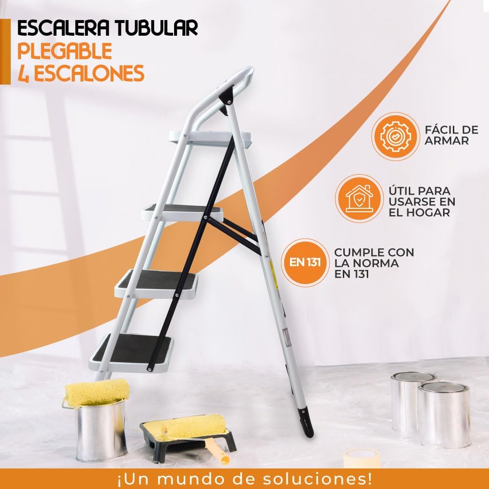 Escalera Tubular Plegable de Acero Certificado EN 131 Patas antiderrapantes Ideal para uso doméstico o usarse en trabajos profesionales 4 Escalones