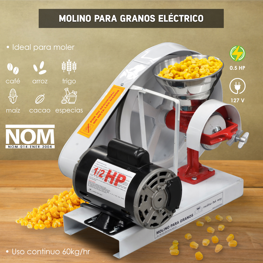 Molino Electrico para granos ECO 0.5HP Ideal para moler granos húmedos y secos como queso, café, cacao, arroz, trigo, maíz, nixtamal y especias de mesa.