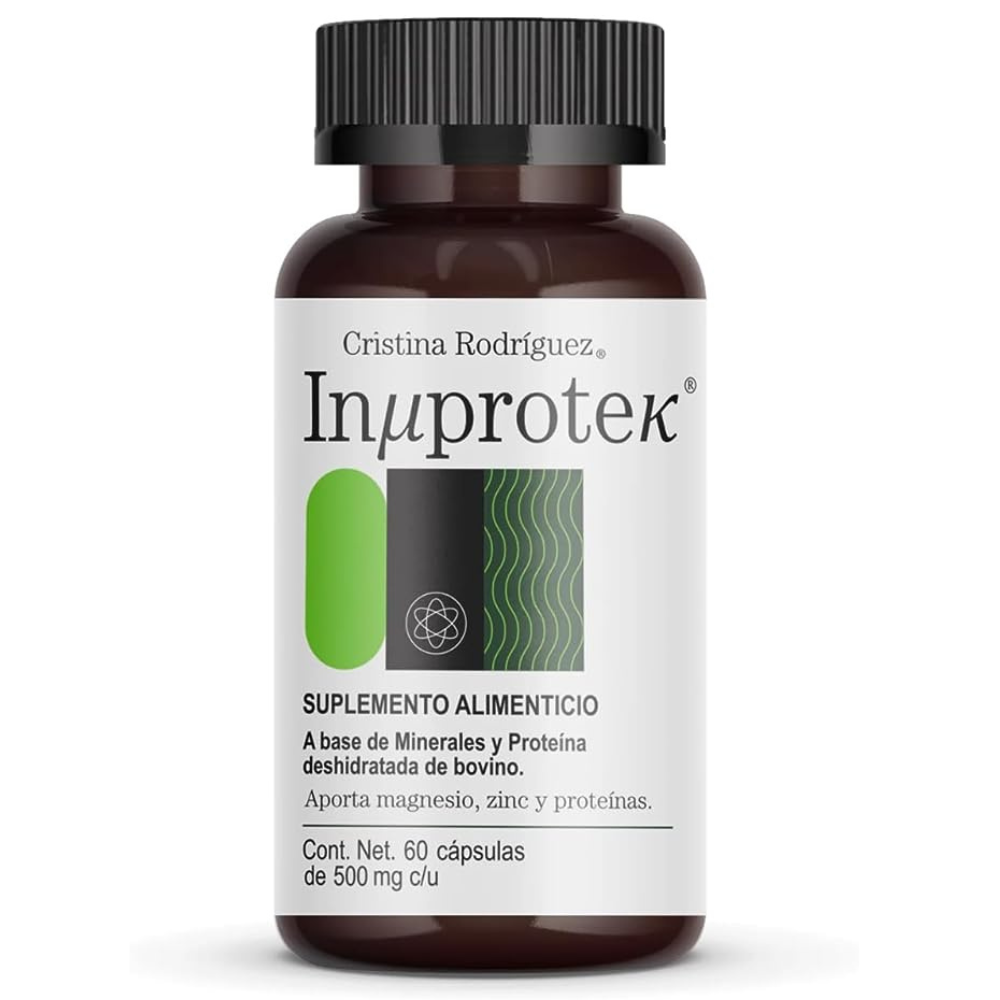 CRISTINA RODRIGUEZ Inuprotek Suplemento Alimenticio 60 Cápsulas 500mg Minerales Proteina Deshidratada de Bovino Sin Gluten Zinc Magnesio 