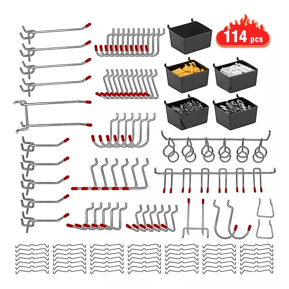 Kit Metálicos Tablero Ganchos Clavijas Para Herramientas 114 Pcs
