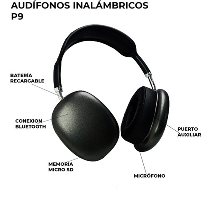 Audífonos Bluetooth P9 Diadema - Soporta entrada 3.5 Negro