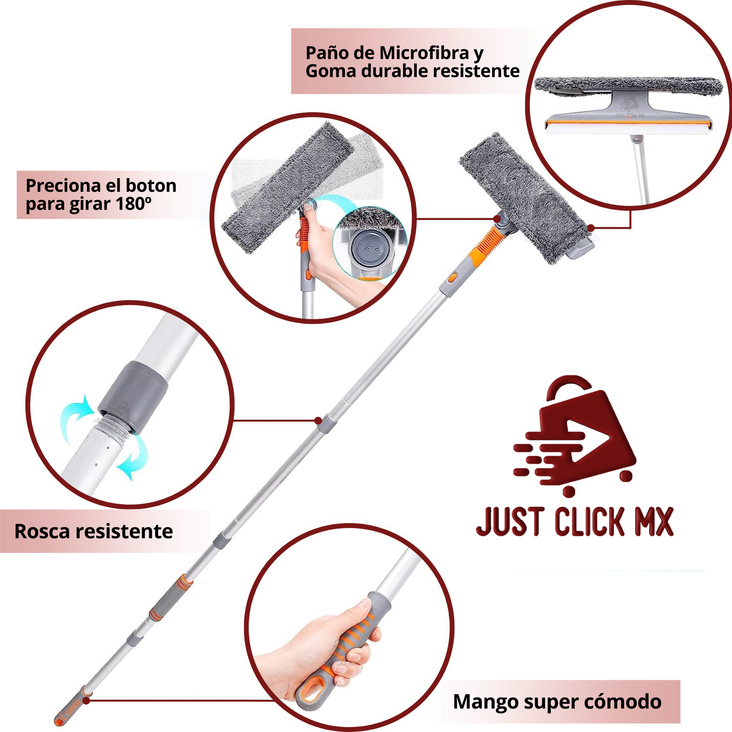Kit Limpiador de Ventanas y Vidrios Extensible Giratorio