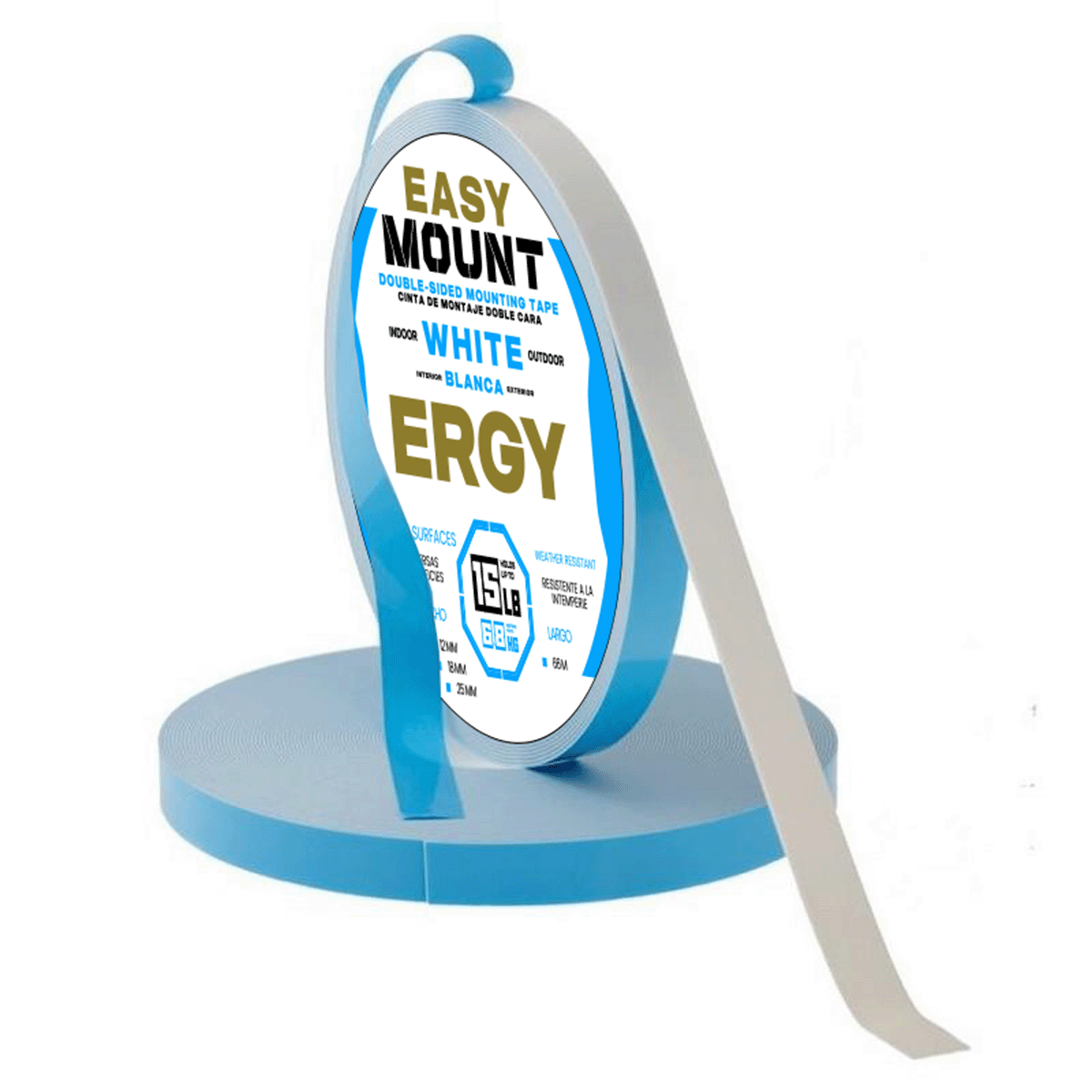 Cinta doble cara para montaje ERGY. 3/4" (19 mm) x 66 m. Color blanco.