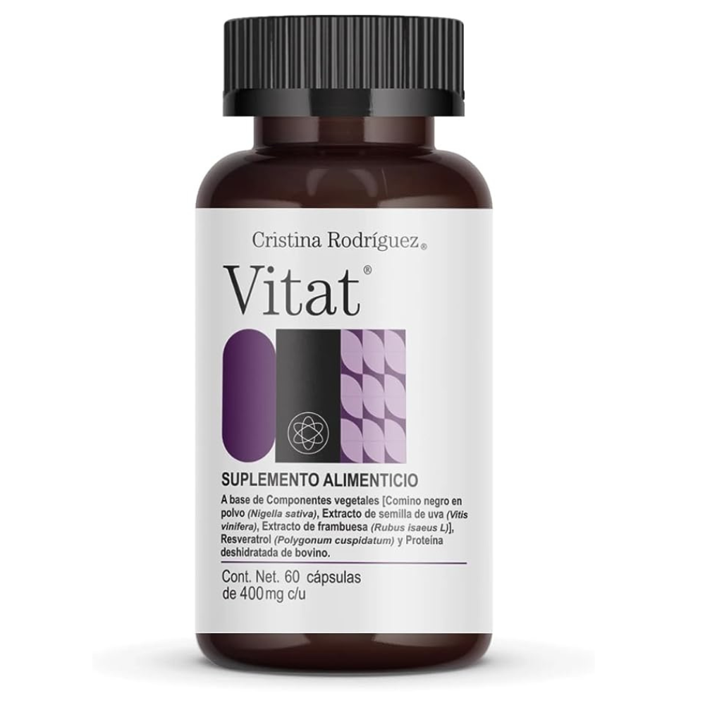 CRISTINA RODRIGUEZ Vitat Suplemento Alimenticio 60 Cápsulas 400mg Componentes Vegetales Proteina Deshidratada de Bovino Antioxidante 
