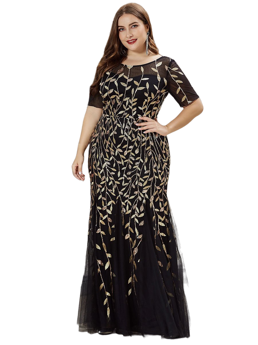 Vestido Elegante de Fiesta Largo Negro Dorado para Mujer con Lentejuela Sirena Manga Corta T Ch a Talla Extra